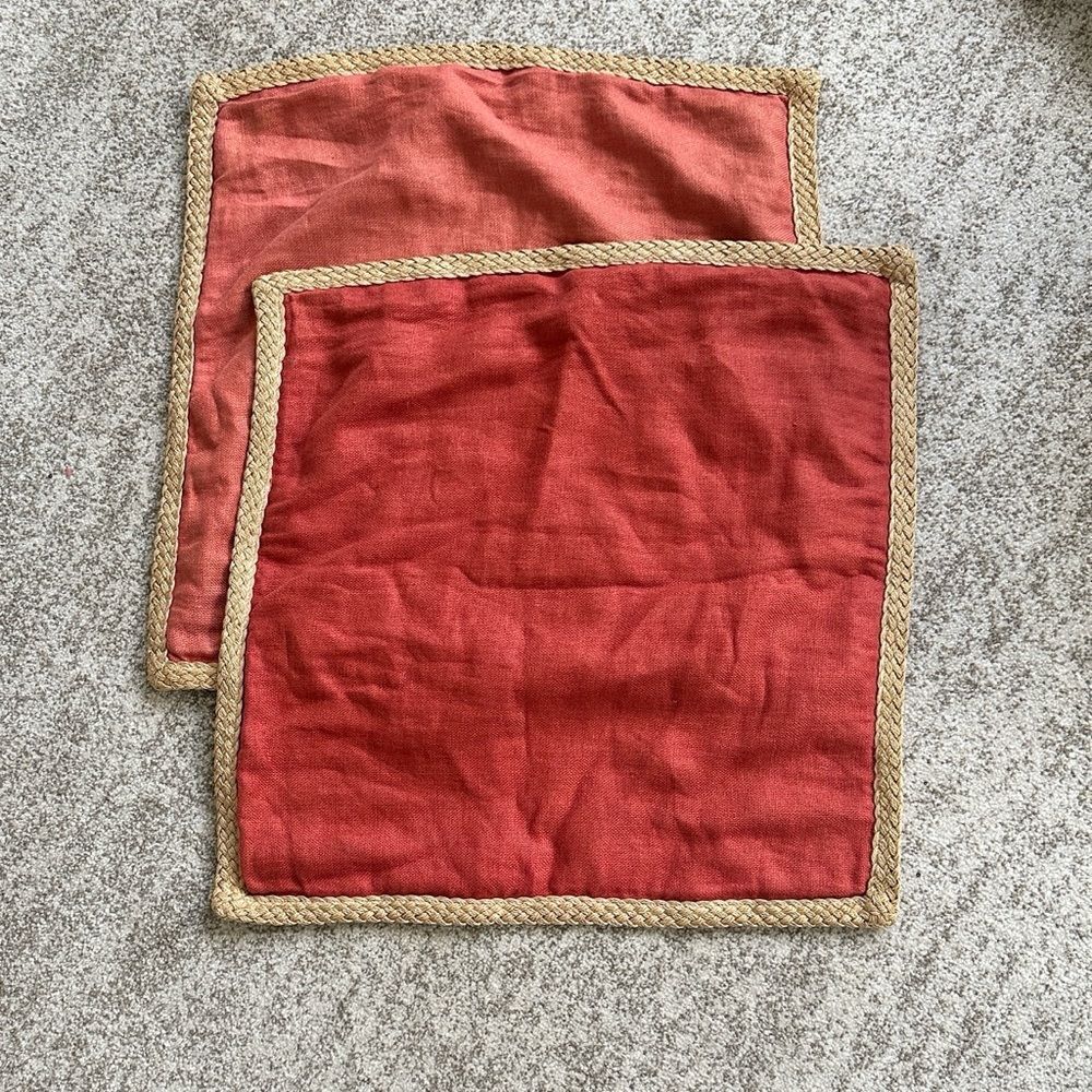 Pottery Barn Rust & Tan Raffia Trimmed Pillow Covers 20”x20”